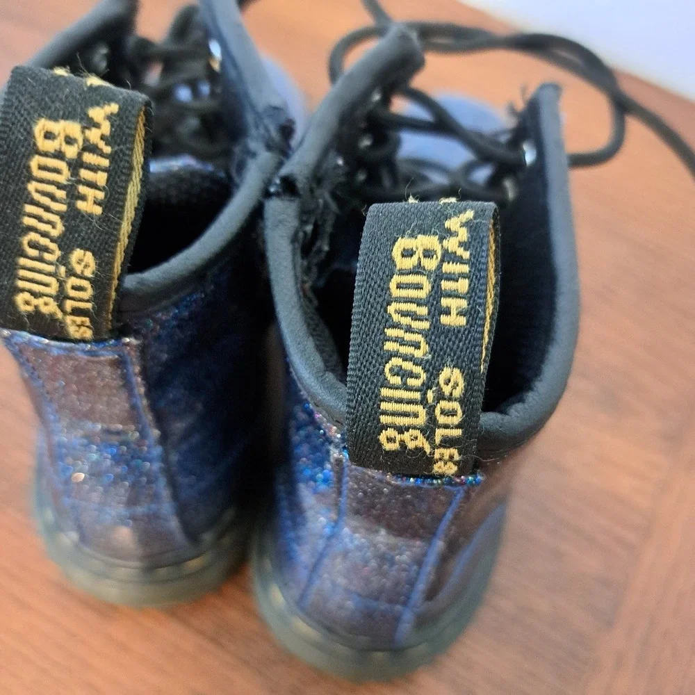 Dr. Martens Delaney Blue Glitter Lace Up Side Zip Ankle Boots Kids 8 UK 9 US
